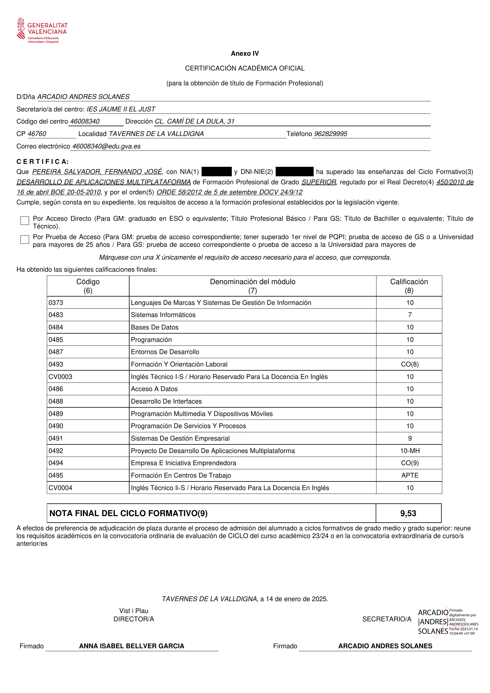 Certificado académico censurado - página de calificaciones
