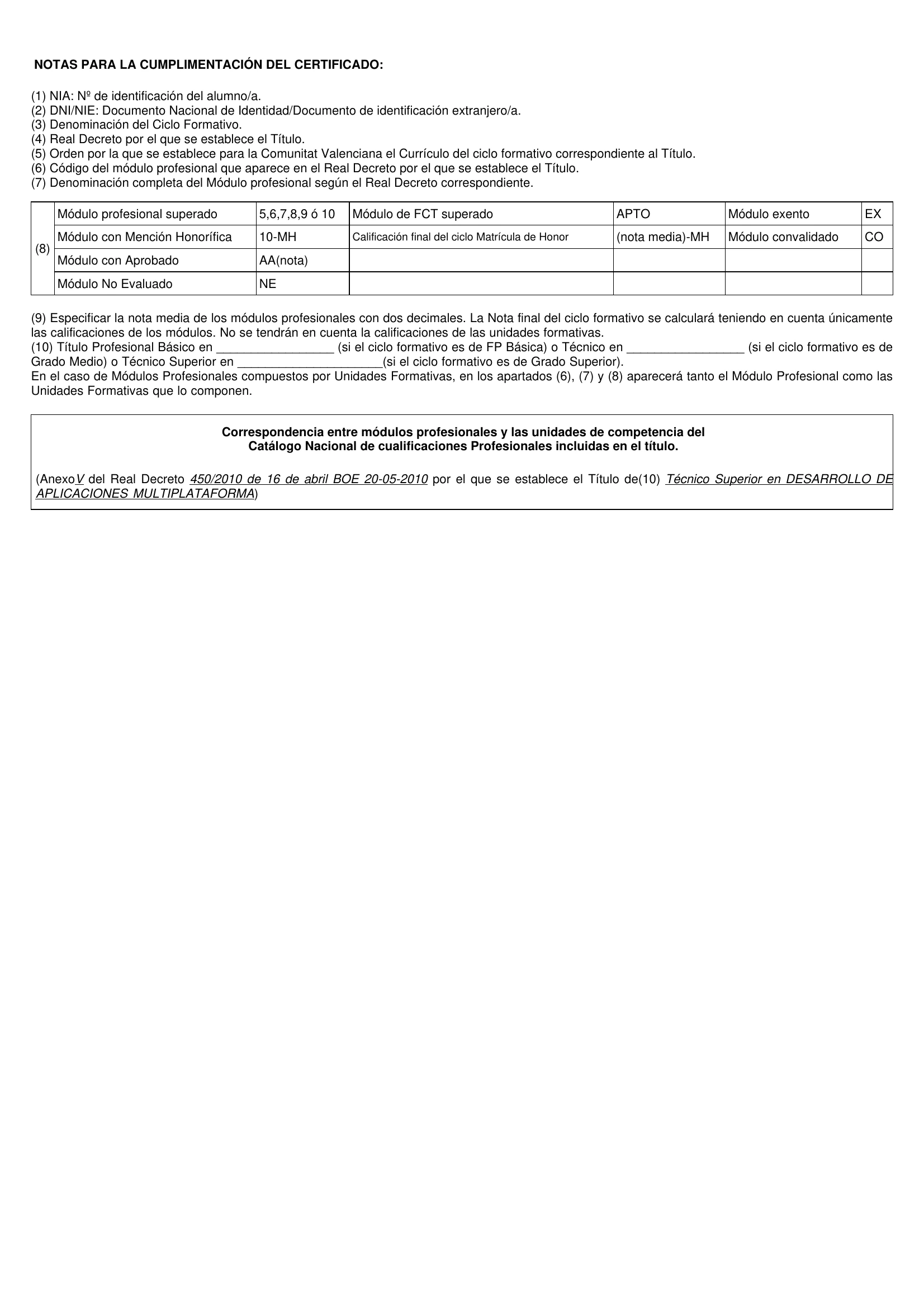 Certificado académico - leyenda de calificaciones