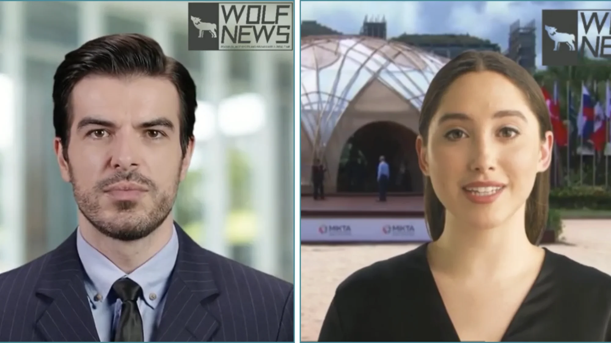 Capturas de los presentadores sintéticos utilizados por la operación de propaganda Wolf News, identificada por Graphika en 2023